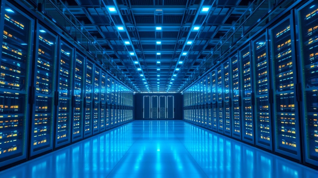 Expansive data center facility with rows of illuminated server racks, cool blue lighting reflecting off metallic surfaces, showcasing the scale of computational infrastructure powering artificial intelligence systems