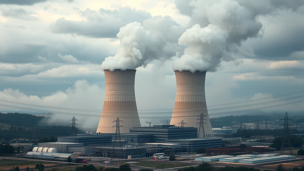 Industrial cooling towers releasing steam into misty atmosphere above a semiconductor manufacturing complex, surrounded by industrial landscape with power transmission lines under dramatic sky, representing water and energy demands