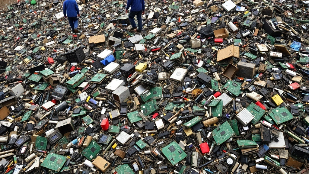 Massive pile of discarded electronic components and circuit boards in an informal recycling operation, with workers in minimal protective equipment, illustrating the human and environmental costs of e-waste processing in developing regions