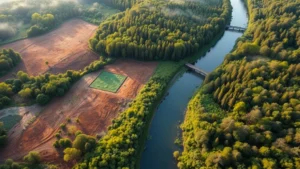 Aerial view of sustainable forest management with cleared patches transitioning to renewable plantations, river flowing through diverse vegetation, misty morning light