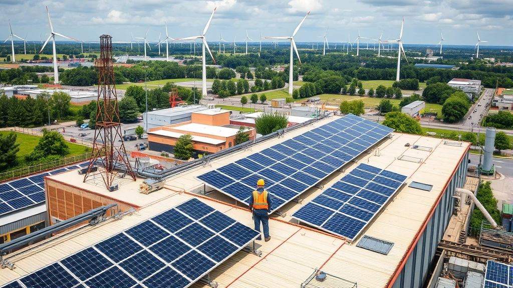 Industrial facility with solar panels on roof, wind turbines visible in background, green spaces integrated into urban manufacturing zone, workers in safety gear
