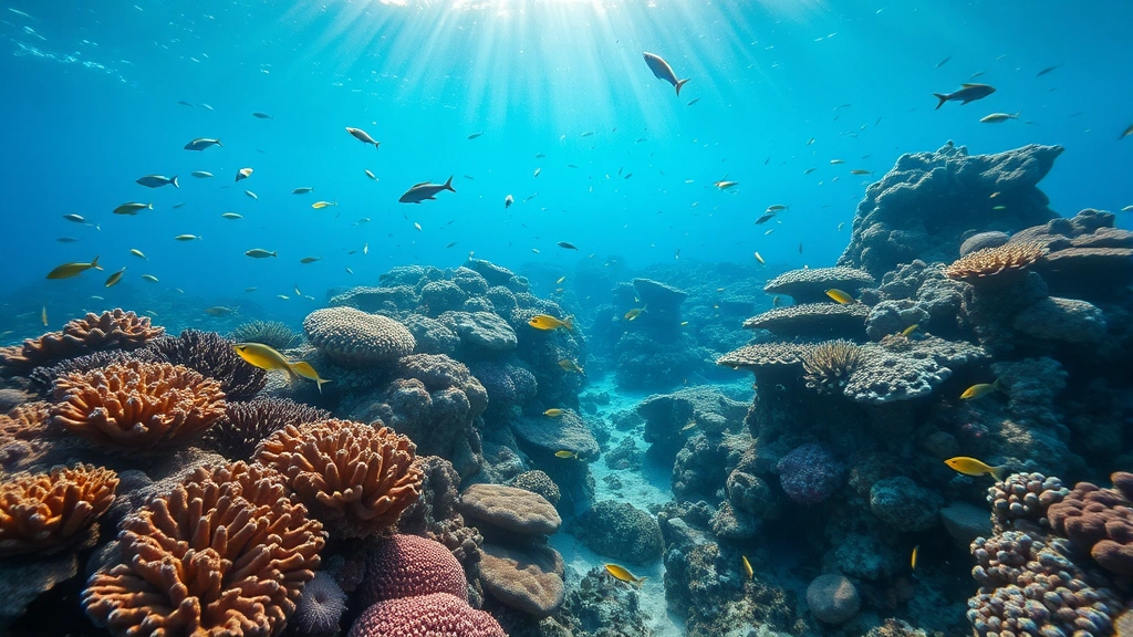 Underwater coral reef ecosystem teeming with colorful fish and marine life, sunlight filtering through water, diverse coral formations showing health and biodiversity