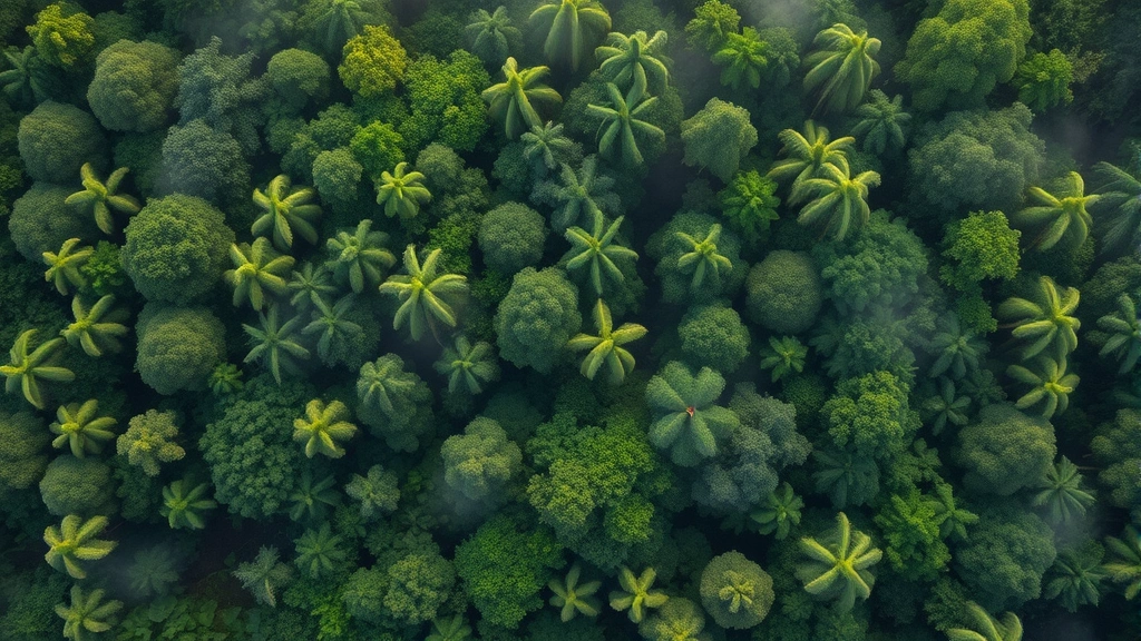 Aerial view of tropical rainforest canopy with diverse tree species, misty morning light filtering through dense vegetation, vibrant green ecosystem showing intact biodiversity and natural water cycles