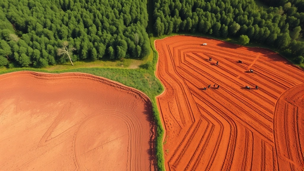 Stark contrast image showing lush forest on one side transitioning to cleared agricultural land with cattle grazing, exposed red soil, erosion patterns visible, clear delineation between ecosystems