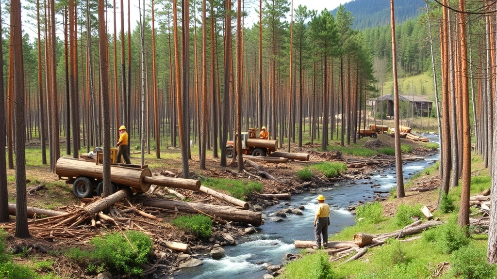 Sustainable forestry operation showing selective logging practices with standing mature trees, forest canopy intact, workers managing resources responsibly, streams flowing clearly through preserved forest landscape