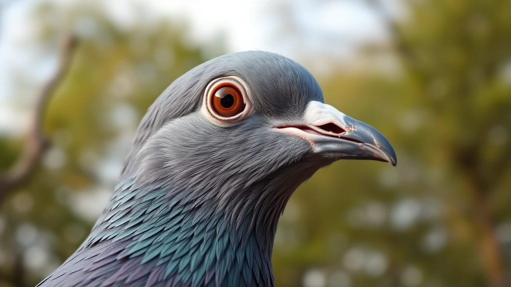 Close-up of a pigeon's head showing its eye and beak in sharp detail, with a soft-focused natural background of trees and sky, demonstrating the biological structures involved in navigation and sensory perception