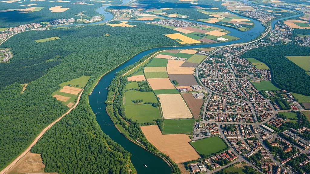 An aerial landscape view showing forests, rivers, agricultural fields, and urban areas in a natural mosaic, representing the diverse visual landmarks and environmental features that pigeons use for spatial navigation and memory