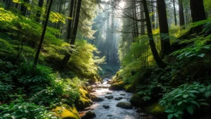 Lush temperate forest with diverse vegetation layers, sunlight filtering through canopy, clear stream flowing through understory, showcasing ecosystem service provision in natural state