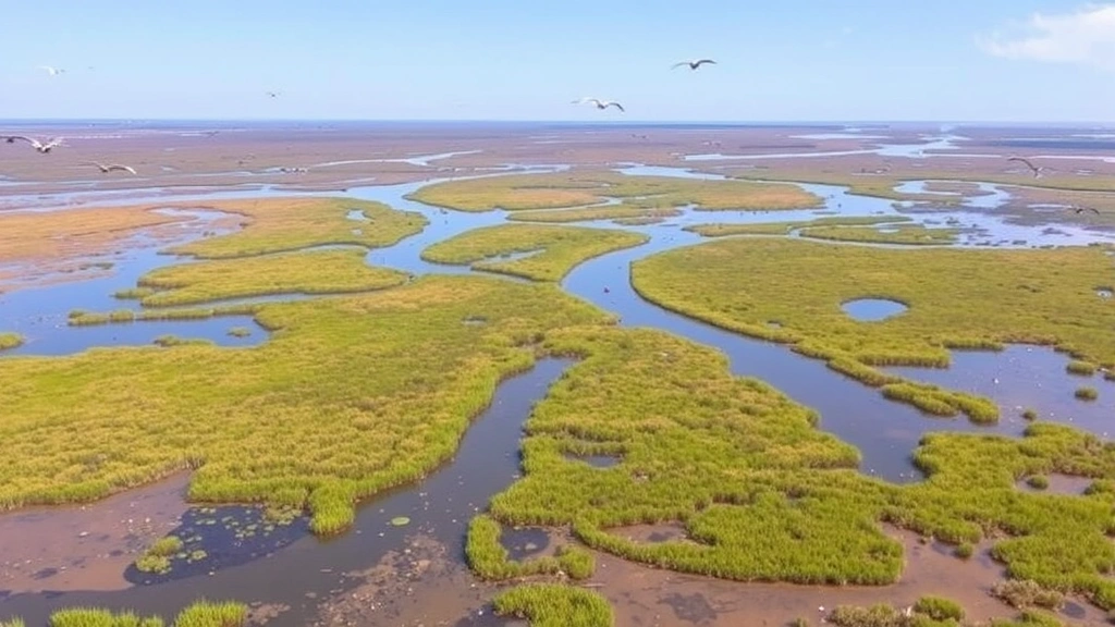 Aerial view of wetland landscape with shallow water channels, marsh vegetation, and birds, demonstrating habitat provision and water purification ecosystem services