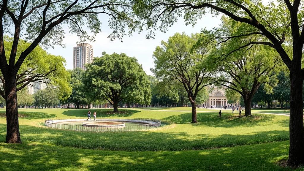 Urban park with mature trees, grass meadows, and water feature, people engaged in recreational activities, showing cultural ecosystem services and wellbeing benefits in developed setting