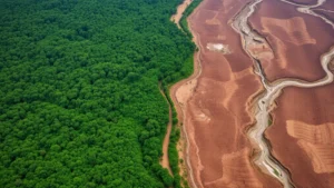 Aerial view of deforestation boundary showing lush green forest transitioning to cleared brown agricultural land with visible erosion patterns and river system disruption
