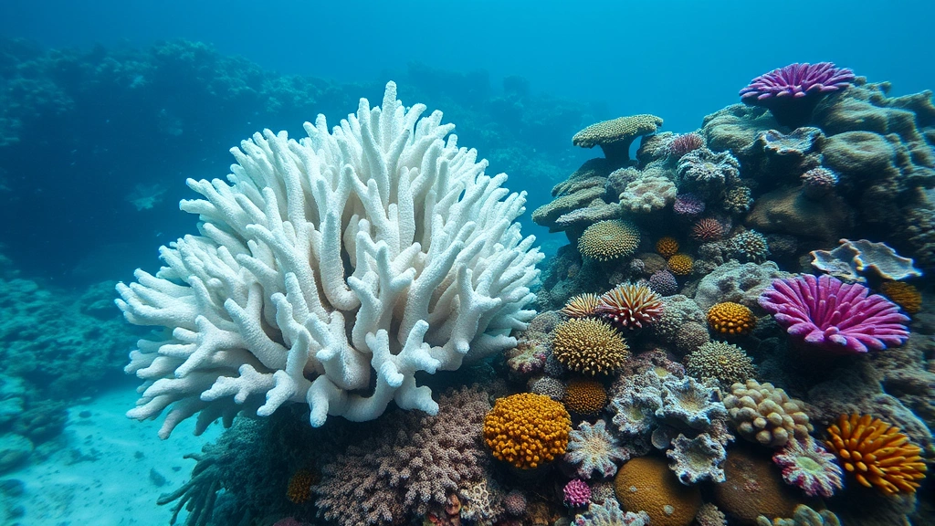 Underwater coral reef ecosystem displaying bleached white corals alongside healthy vibrant colored corals, illustrating climate change thermal stress impact on marine biodiversity