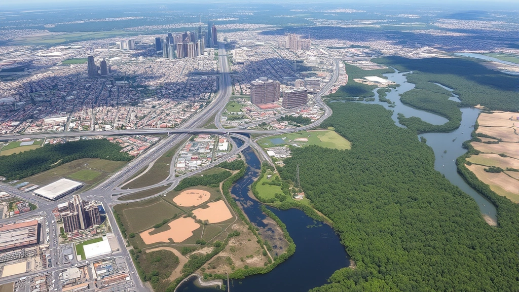 Urban sprawl landscape showing dense city infrastructure expanding into natural wetlands and forests, with impervious surfaces and pollution sources visible amid fragmented habitat patches