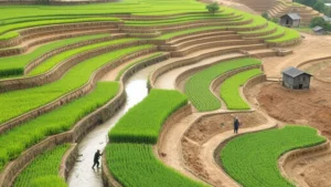 Farmers in terraced hillside fields adjusting water channels during drought, showing traditional and modern irrigation adaptation methods with lush green crops and dry earth contrast
