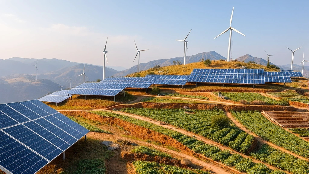 Solar panels and wind turbines on hillside with diverse crops below, demonstrating renewable energy technology adoption and agricultural adaptation integrated into landscape