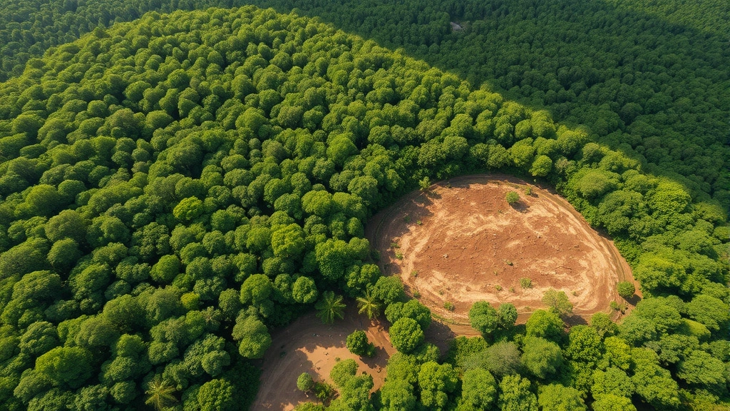 Photorealistic aerial view of lush green forest canopy transitioning to cleared land, showing economic value of natural capital and deforestation impact on ecosystem services
