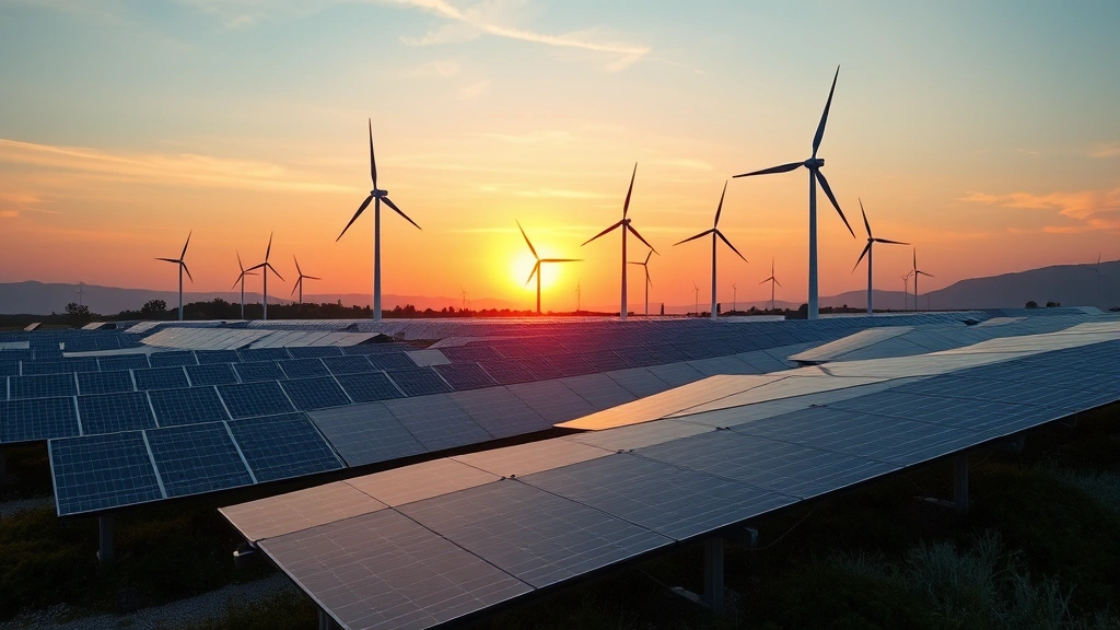 Photorealistic solar panels and wind turbines in natural landscape at sunset, depicting renewable energy infrastructure and green economy growth opportunities