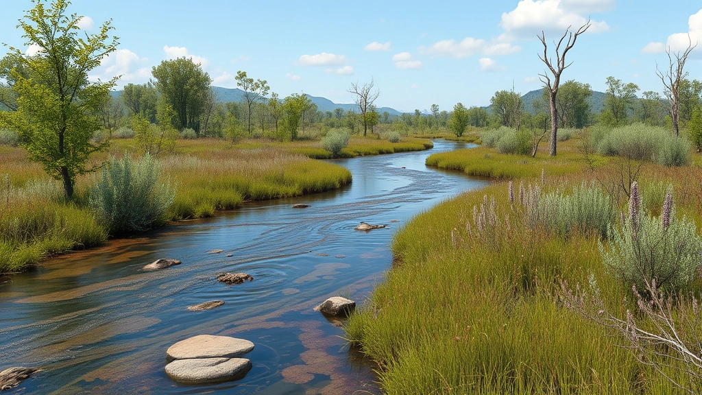 Photorealistic image of pristine river flowing through healthy wetlands with diverse vegetation and wildlife, illustrating ecosystem services and natural capital economic value