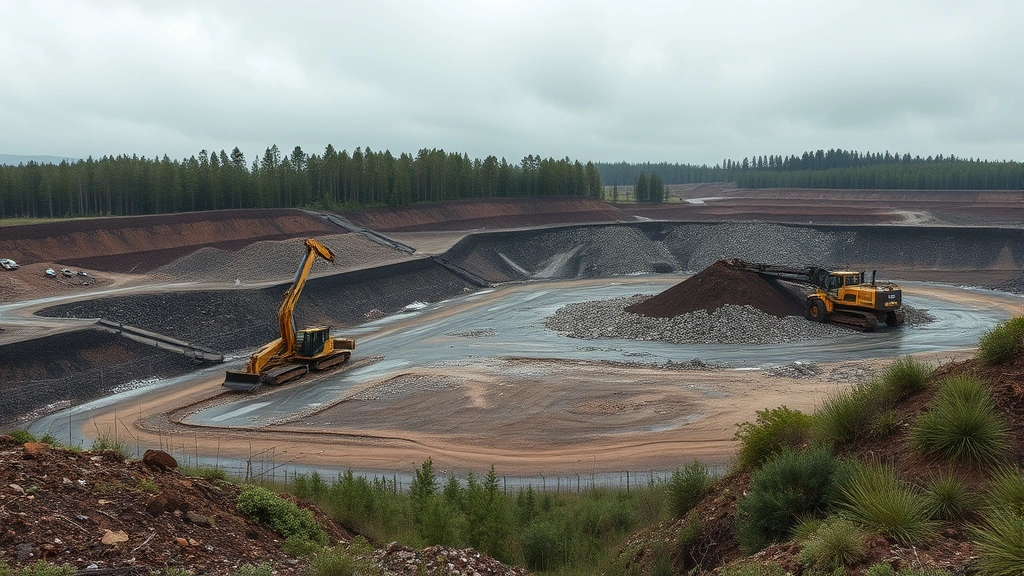 Photorealistic landscape showing contaminated industrial landfill site with heavy machinery, surrounding bare earth and vegetation damage, overcast sky, environmental degradation visible