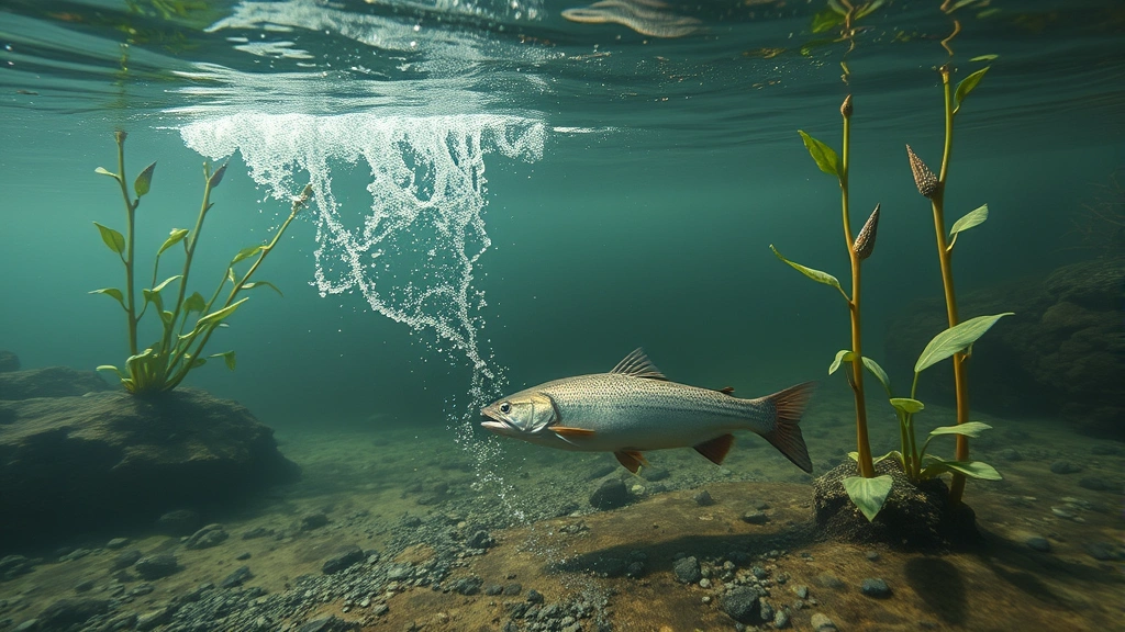 Detailed underwater scene of freshwater aquatic ecosystem with visible contamination plume affecting fish and aquatic plants, heavy metal sediment visible on riverbed, murky water conditions