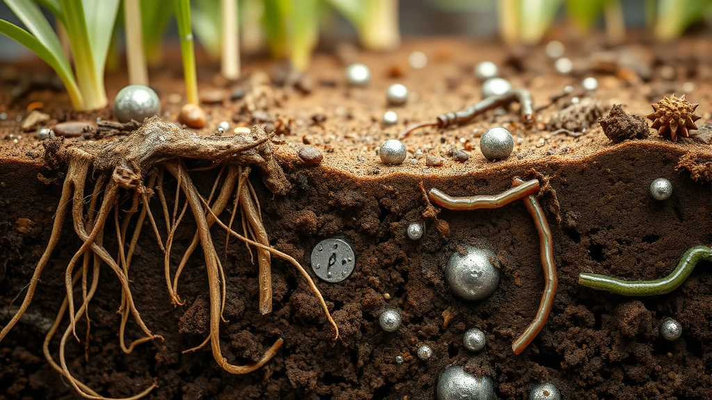 Macro photography of soil cross-section showing dense root systems and microbial communities alongside metallic particles and contamination, earthworms and soil organisms visible, scientific detail