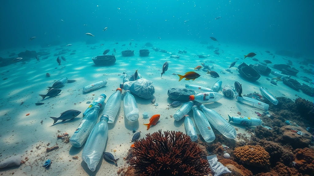 Underwater ocean scene with plastic bottles, bags, and debris scattered on sandy seafloor among fish and coral, photorealistic, natural lighting, marine ecosystem damage visible