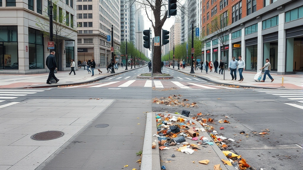 Urban city street intersection with visible litter on sidewalks and gutters, clean and littered areas side-by-side for comparison, pedestrians walking, daytime, photorealistic