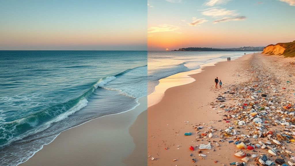 Coastal beach landscape showing pristine sand and water on one side, littered beach with plastic debris on other side, tourists visible, sunset lighting, photorealistic contrast
