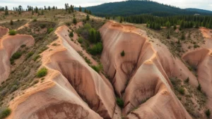 Severely eroded hillside with deep gullies carved into exposed subsoil, sparse vegetation clinging to slopes, contrasting with forested ridge in background, photorealistic landscape photography