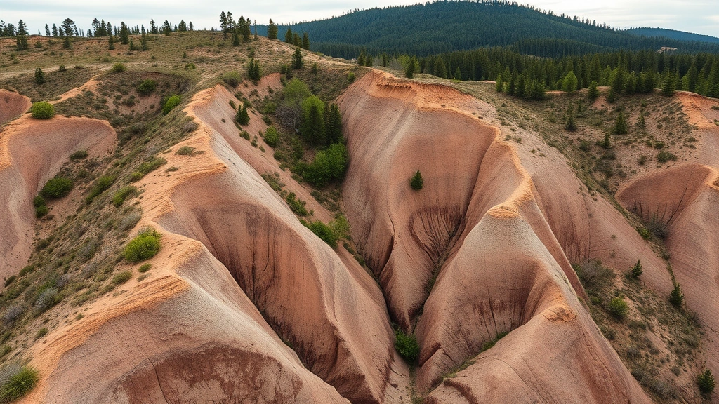 Severely eroded hillside with deep gullies carved into exposed subsoil, sparse vegetation clinging to slopes, contrasting with forested ridge in background, photorealistic landscape photography
