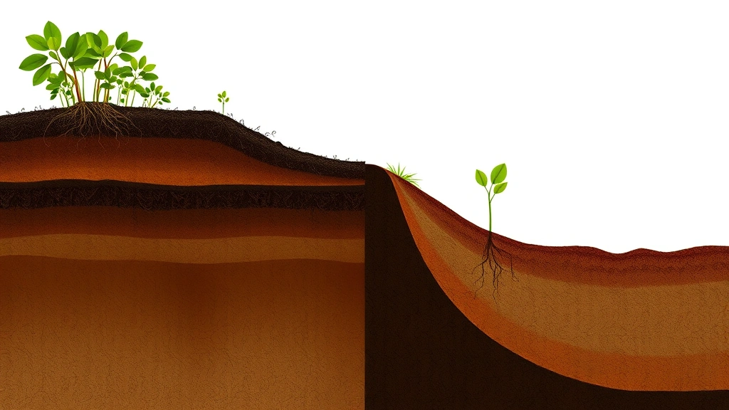 Cross-section view showing rich dark topsoil layer above lighter subsoil in healthy area versus thin topsoil in eroded area, with visible plant roots and soil microorganisms, photorealistic soil profile illustration