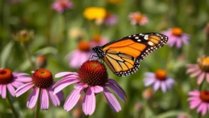 Close-up of vibrant monarch butterfly resting on native purple coneflower in wildflower meadow, natural sunlight, macro photography style