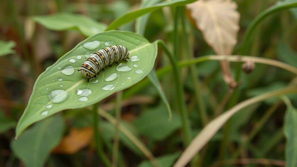 Caterpillar on milkweed plant leaf with water droplets, natural habitat environment, soft focus background showing diverse vegetation