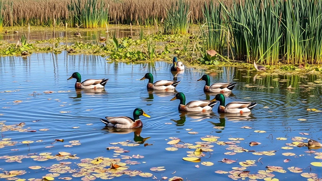 Mallard ducks swimming in pristine wetland marsh with cattail vegetation and clear water, natural sunlight reflecting off surface, diverse aquatic plants visible, photorealistic nature photography
