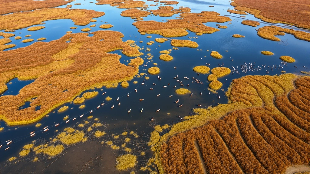 Aerial view of expansive wetland ecosystem showing open water, emergent vegetation patches, and surrounding grassland habitat, multiple duck species scattered across shallow waters, natural lighting