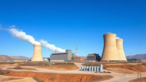 Industrial coal power plant with massive cooling towers emitting steam against a clear blue sky, surrounding landscape showing environmental degradation and barren terrain from mining operations, realistic photography