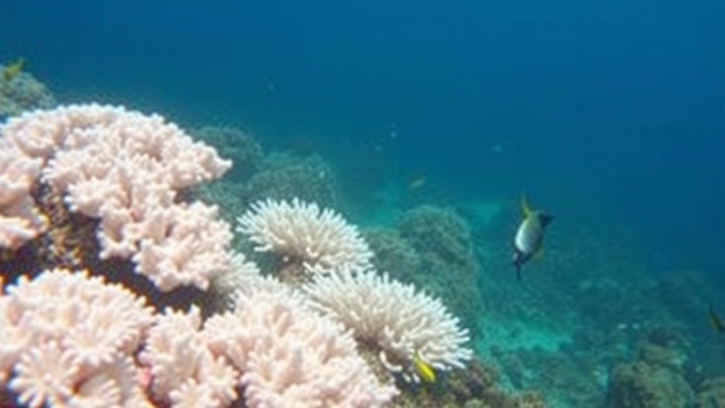 Underwater coral reef ecosystem showing bleached white corals with tropical fish, illustrating ocean acidification and warming impacts on marine biodiversity, vibrant ocean setting with declining health indicators