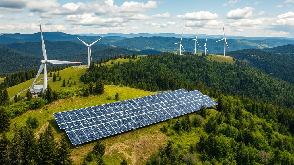 Renewable energy transition landscape featuring solar panel array and wind turbines on rolling green hills with restored forest ecosystem, demonstrating sustainable alternatives to fossil fuels with nature recovery