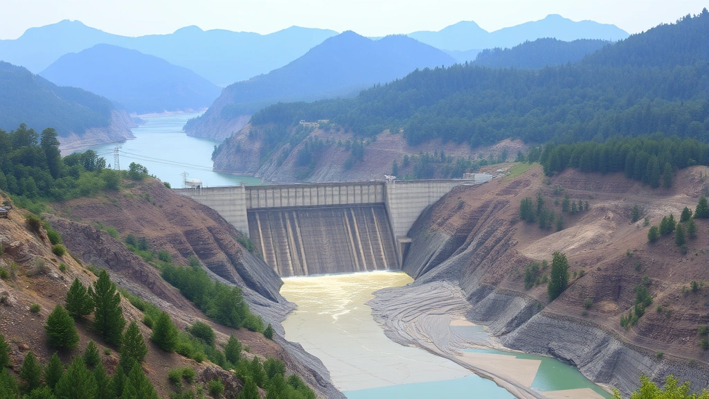 A river valley with a massive concrete dam blocking water flow, forested mountains in background, sediment-laden water visible, photorealistic landscape photography, no text or labels