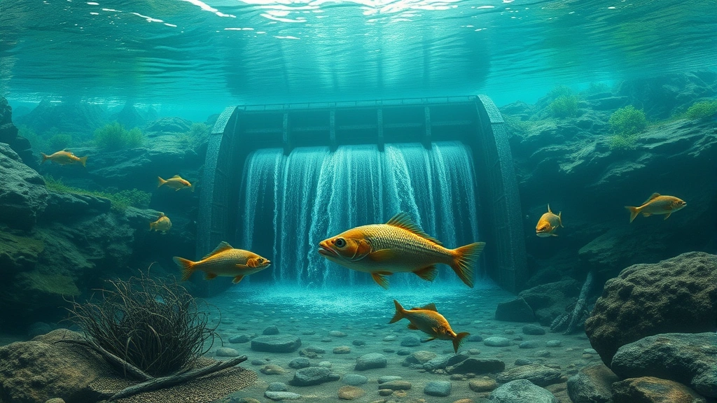 Underwater scene showing fish trapped behind a dam barrier, natural riverbed habitat with rocks and vegetation, fish in flowing water before dam structure, photorealistic aquatic environment