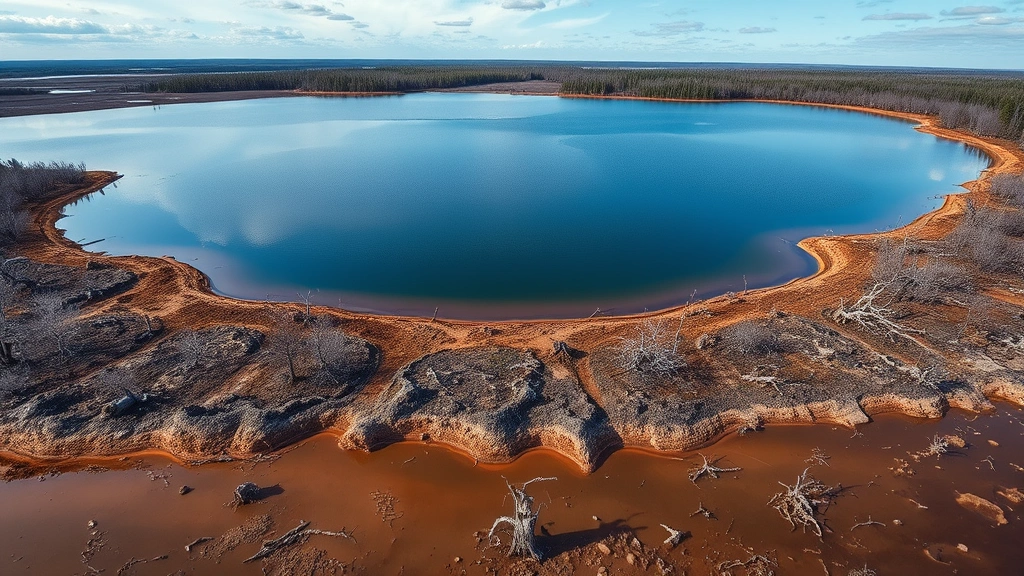 Aerial view of a large reservoir surrounded by tree stumps and cleared land, water surface reflecting sky, exposed muddy shoreline from water level fluctuation, photorealistic environmental documentation