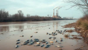 Polluted river with industrial discharge flowing into murky brown water, factory smokestacks in background, dead fish floating on surface, barren riparian vegetation, photorealistic environmental degradation