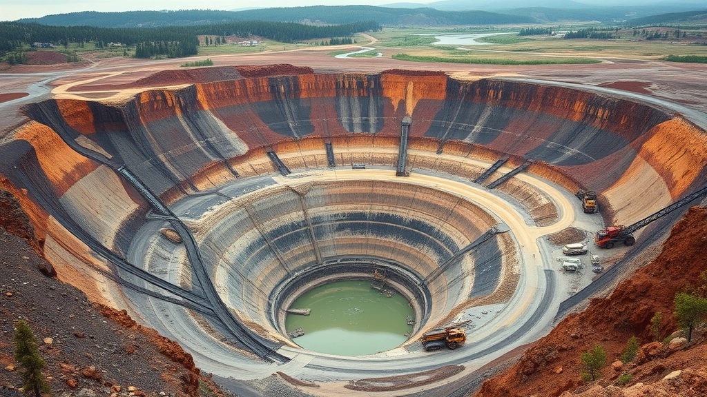 Open pit cobalt or rare earth mining operation showing exposed earth layers, heavy machinery, and surrounding deforested landscape with contaminated waterways, photorealistic environmental documentation