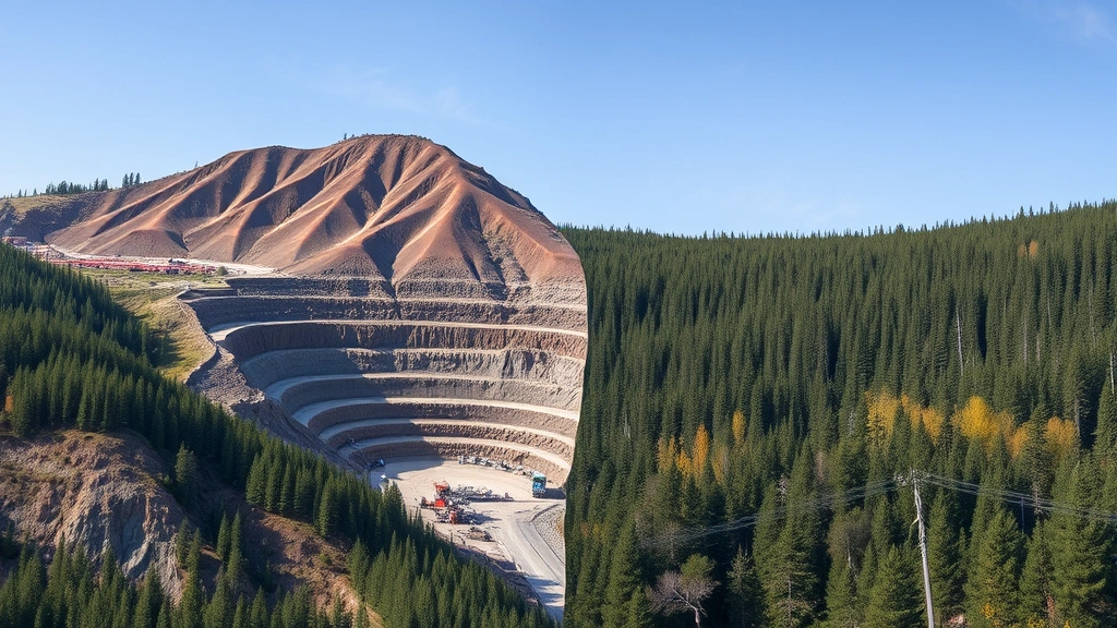 Mountain landscape bisected showing active mining operations on one side with exposed earth and equipment, pristine untouched forest ecosystem on other side, highlighting environmental contrast