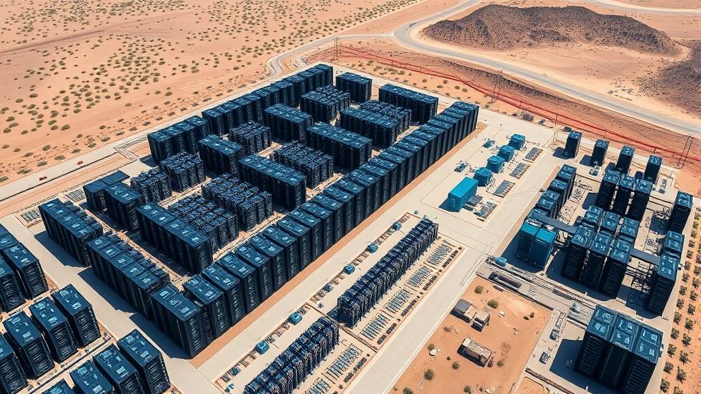 Aerial view of massive data center facility with rows of server racks, blue cooling systems visible, surrounded by desert landscape with minimal vegetation, realistic photography
