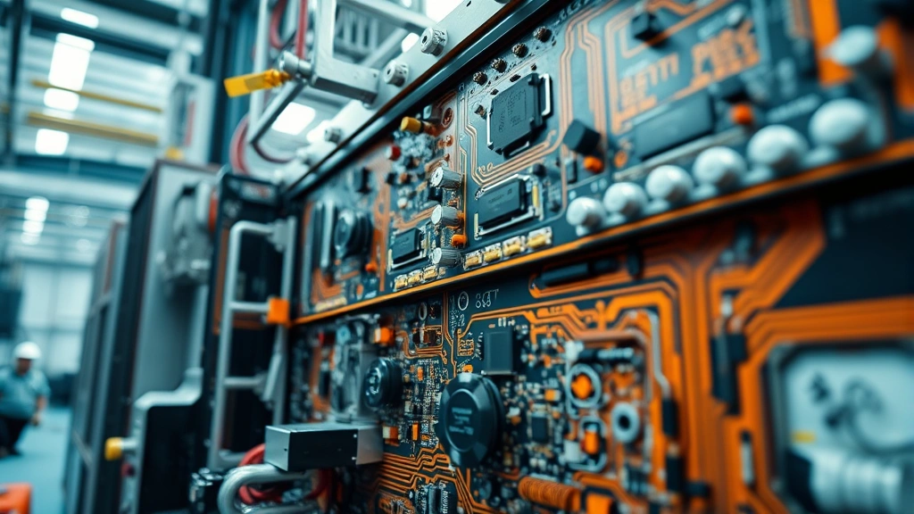 Close-up of semiconductor manufacturing equipment with intricate circuitry, industrial facility interior with workers in protective gear, natural lighting highlighting technological complexity and resource intensity