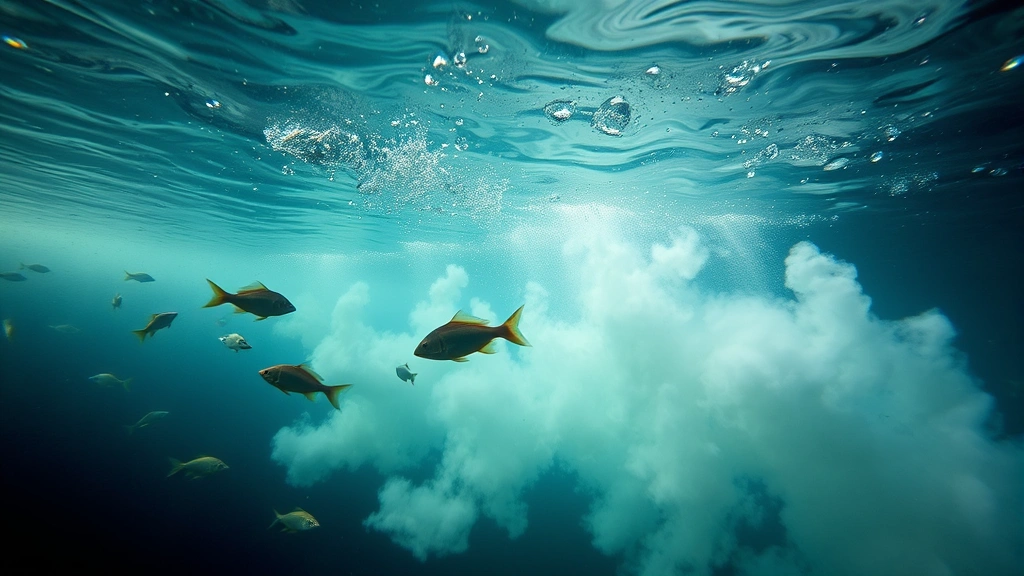 Underwater view of thermal discharge from industrial cooling system affecting aquatic ecosystem, fish swimming away from heated water plume, degraded water quality visible, natural photography