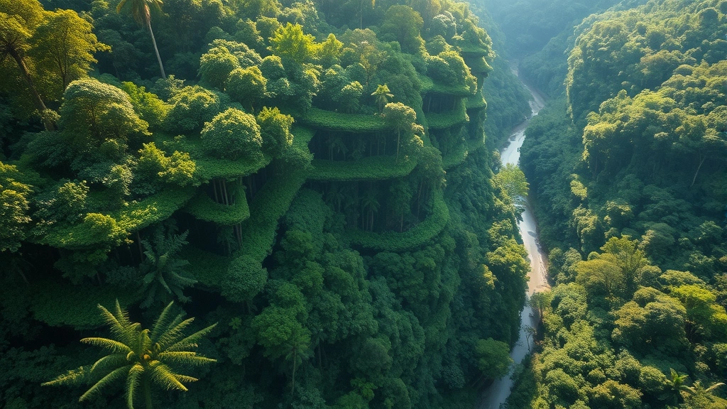 Aerial view of tropical rainforest canopy with dense green vegetation, sunlight filtering through layers, river winding through forest landscape, photorealistic nature photography