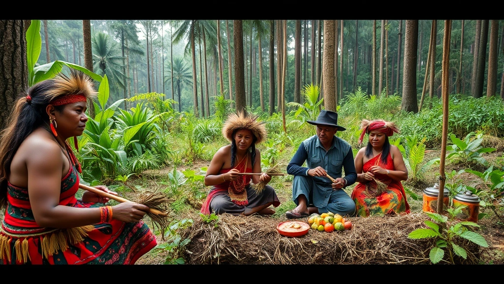 Indigenous community members in traditional forest setting with sustainable harvesting practices, diverse forest vegetation, biodiversity visible, people and nature in harmony, photorealistic documentary style