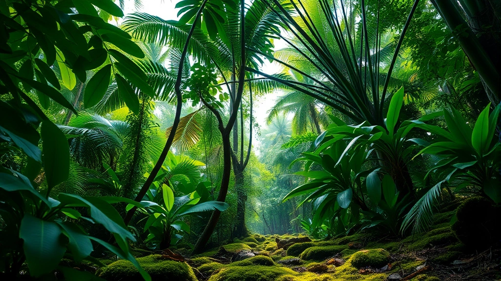 Lush tropical rainforest canopy with sunlight filtering through dense green foliage, wet soil with moss and fungi, showing complex biodiversity and carbon storage, photorealistic nature photography